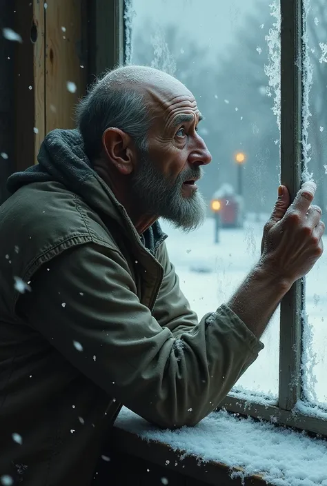 Realistic image of a poor  in the cold crying ,  watching family out the window having dinner for Christmas 