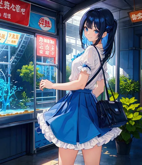 Like a game cover、background（aquarium、amusement park、people々There is、Date Scene、blue and black contrast）、 pose（ looking back）、 character（Tree Eyes,Sparkling blue eyes、smile）、Hairstyle（ medium hair ,  black and blue hair）、clothing（  white shirt and light bl...