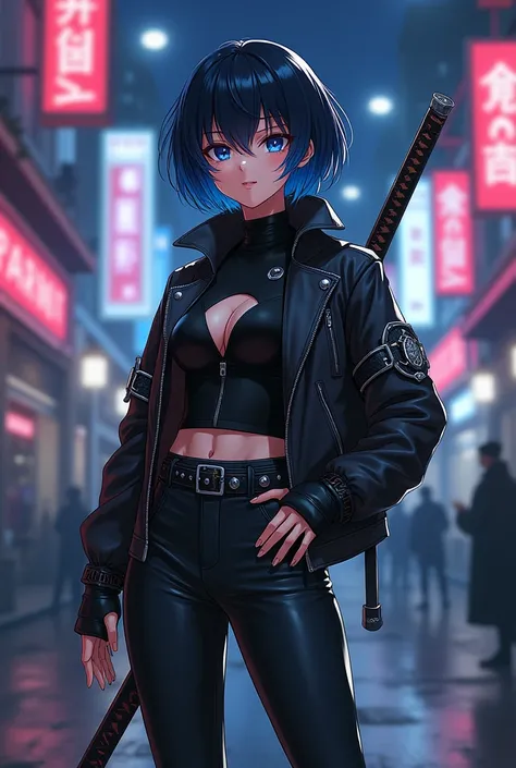  Description of the Enlightenment  ( full body):

 character : Anime style girl, short black hair with dark blue dyed tips, designed with a modern and bold style. Her hair is slightly disheveled to give it a dynamic and youthful touch. Her eyes are large a...