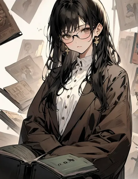  1 girl, Brown clothes、rimmed glasses、 books to read aloud、椅子に座る