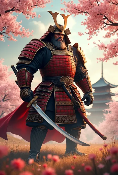  A colossal Hulk dressed in traditional samurai armor,  with elaborate details in red and gold . He wields a giant katana ,  with a fierce and determined expression on the face .  The setting is a field of cherry blossoms ,  with petals floating in the win...