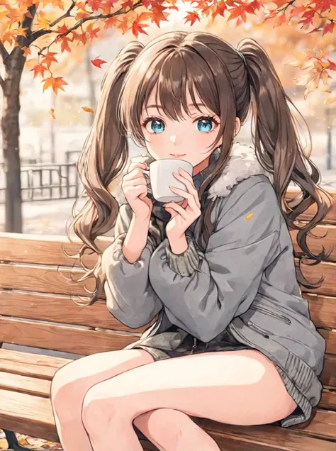  Light Blue Long Hair 、 Beautiful Girl with Twin Tails 、Woman in brown down coat 、Autumn leaves background、 sitting on a bench with a coffee cup in hand, cute  anime girl ,  anime girl  with long hair, beautiful  anime girl ,  anime girl ,  cute girl, 現実的な...