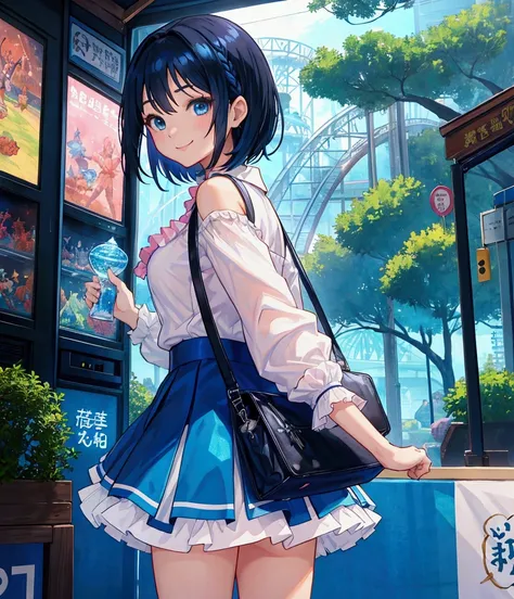 Like a game cover、background（aquarium、amusement park、people々There is、Date Scene、blue and black contrast）、 pose（ looking back）、 character（Tree Eyes,Sparkling blue eyes、smile）、Hairstyle（ medium hair ,  black and blue hair）、clothing（  white shirt and light bl...