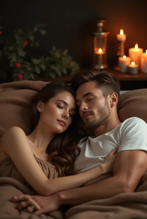 Poto realistic romantic couple lying together on a bed in a warm evening setting.  Woman with long hair and soft makeup leans her head on mens shoulders ,  wearing soft brown blankets that wrap around their bodies .  Short black-haired men wearing plain wh...