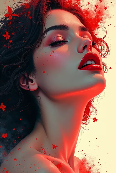 Illustration with lines of woman goddess red lips 