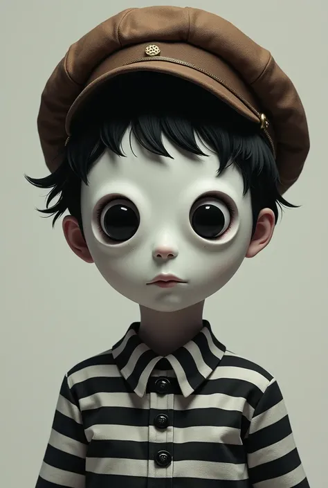 Boy with very short black hair, white mask that covers the entire face with black button eyes, horizontal white and black striped blouse and brown pilot hat