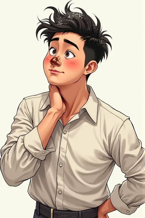  Create an illustration of a young Chinese man ,  his right hand is on the back of his neck , with an embarrassed face .  His nose is stained with chocolate ,  his scrambled hair stained with flour .  He wears an elegant shirt that goes up to his elbows an...