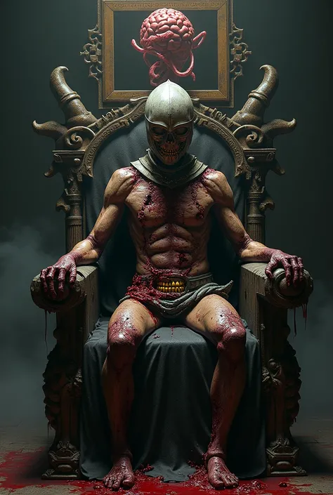  A dark-skinned knight rests on a macabre throne ,  made of bones and corroded metal .  His crumpled helmet emptied Blood through the holes in your eyes ,  while a deformed mask covers your mouth surrounded by inflamed flesh .  A necklace of golden teeth a...