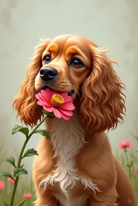 Drawing that seems to have been done with brushes of a cocker breed dog holding a flower with its bear

