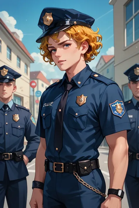 man, policeman, cop, orange hair, short hair, curly hair, black uniform