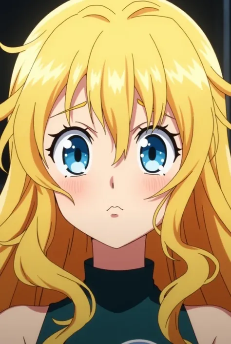  screenshot of My Hero Academia, wavy-haired girl, Long and blonde ,  with fringe curtain and blue eyes