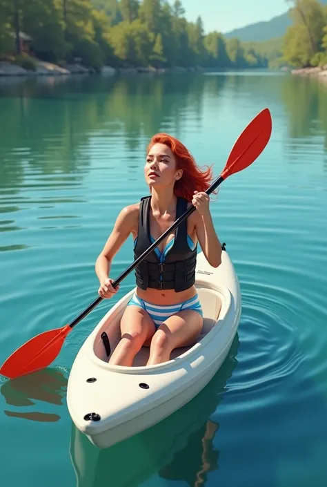 redhead woman over 30 wearing a bikini and black life jacket on a kayak