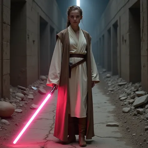 Emma Watson.  she wears white and brown Jedi robes .  Wear brown boots .  She wears a white belt .  She carries in her hand a single-bladed pink lightsaber.  She is standing in the middle of a cracked concrete path . Around her are broken walls and debris ...