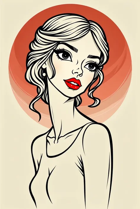 Illustration with lines of woman goddess red lips cartoon drawing 