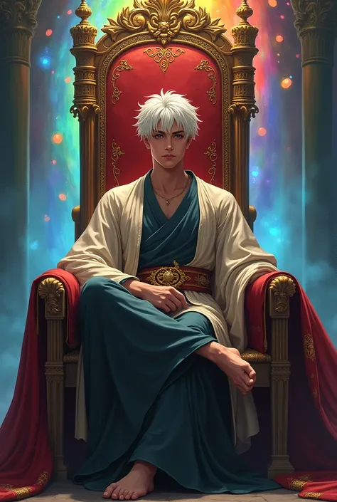 A handsome white-haired young man sitting on a throne with a rainbow pattern, his hair is the type that the monks used to see.