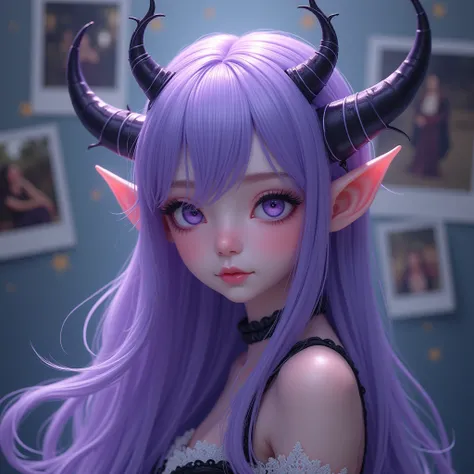 a person wearing purple hair in front of a wall with photos, beautiful elf with violet skin, long light purple hair, anime barbie doll