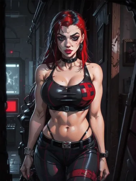 a woman with red hair wearing a black top and plaid pants, cyberpunk art, gothic art, aesthetic cute with flutter, toon aesthetic, wearing red attire, wearing gothic accessories