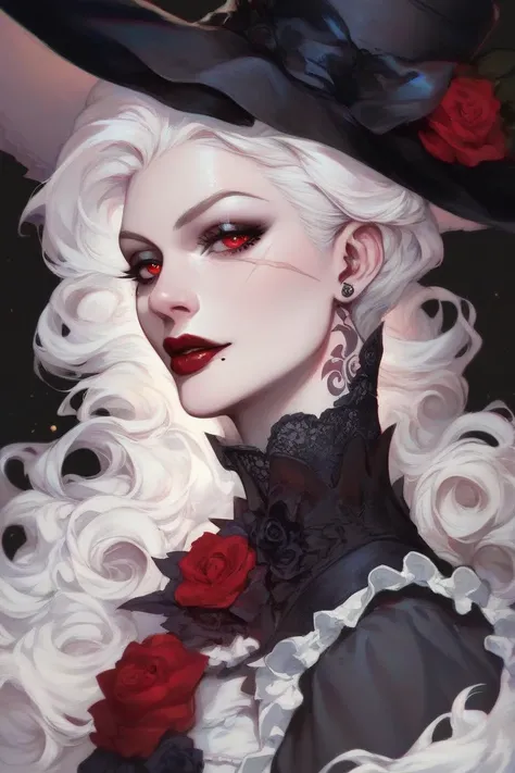 very pale Woman. white skin. White hair. red eyes. dark red lips. aroused and confident look. victorian gothic style. scar on her eye. beauty mark. tattooes. vampire. sharp features. long black hat. scars.