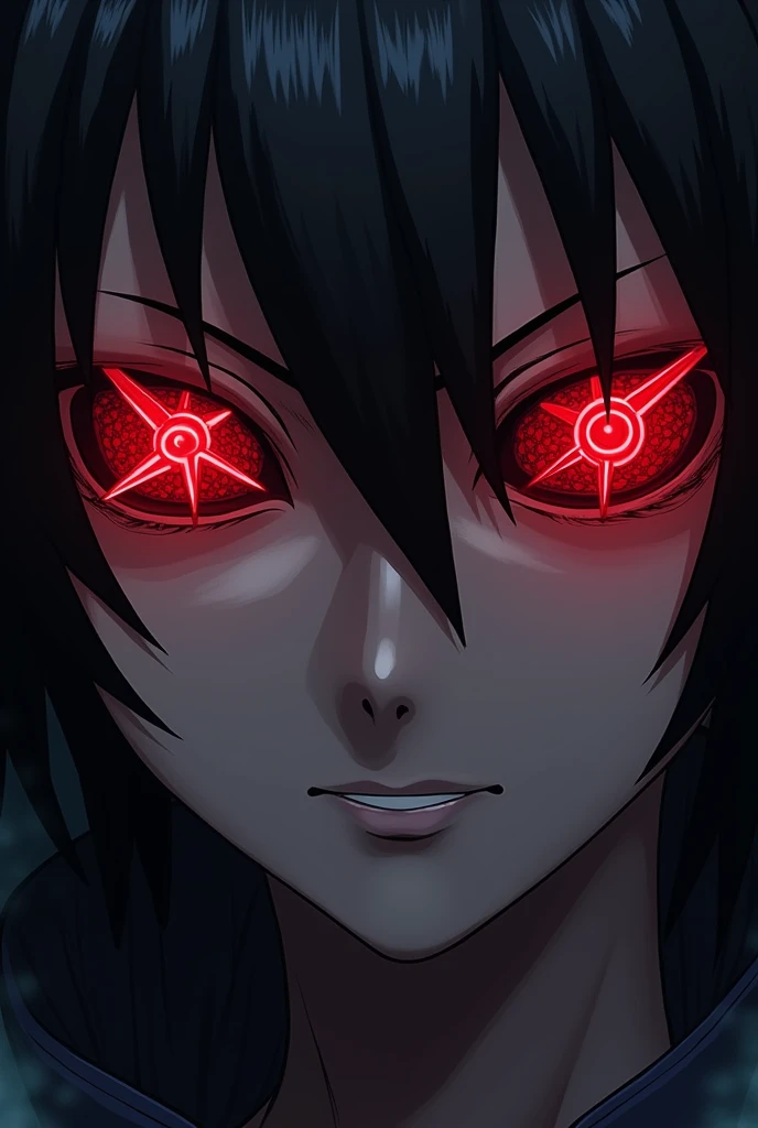 Create a Mangekyo Sharingan of a character ... showing the entire face of the character .  Daikis Mangekyo has an impressive geometric pattern :  two crossed lines that form an eight-pointed star ,  each tip is elongated and detailed with small circles tha...