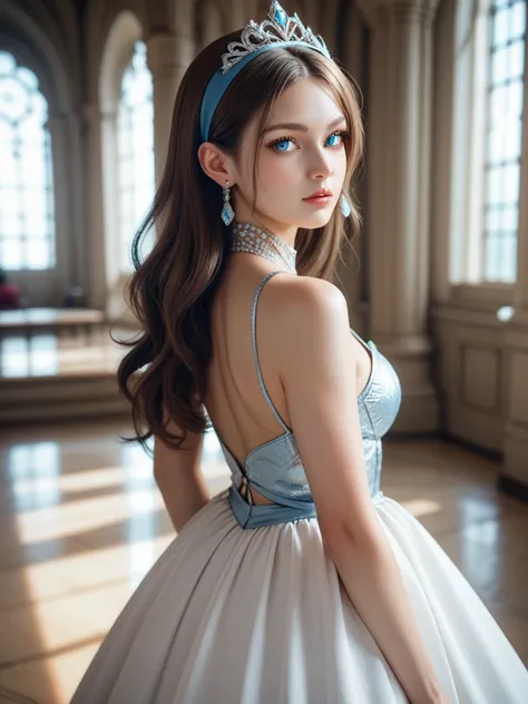 mylene_rafa_holfort,sliver hair,long hair,blue hairband,hair_behind_ear,blue eyes,white long_dress jewelry, tiara