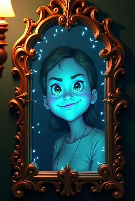 The Mirror with a Mischievous Digital Face
An ornate mirror with a glowing digital interface displaying a playful, animated face with raised eyebrows and a smirk. The background shows Lucy’s reflection, looking exasperated with her hair slightly messy.