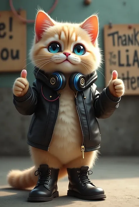  Beautiful Persian cat , beige with black , ojos azules,  smiling, with leather jacket headphones greeting hand with thumb raised military boots cement bag standing sign thank you Lia Kitten 