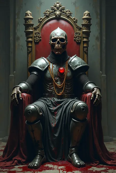  A dark-skinned knight rests on a throne of bones and rotting flesh ,  radiating a terrifying presence .  His crumpled and irregular helmet displays empty holes where the eyes ,  but black blood flows from them ,  as if crying the essence of your lost huma...