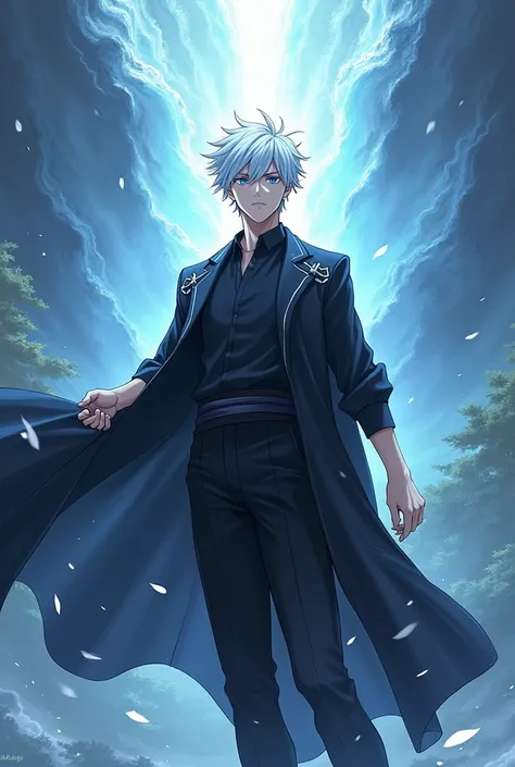 novel cover, like a painting, majestic, anime like, beautiful, male, short white hair, blue eyes, background, ascending, martial arts, divine, divine ascension, black clothes, thuggish