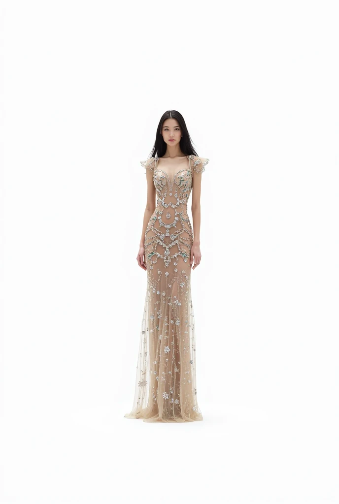 Use the dress in the sketch that looks exactly the same with the diamond and emerald embroidery on its long transparent leather mesh,  put it on a thin real model ,tall tan leather ,  with a long straight hairstyle .