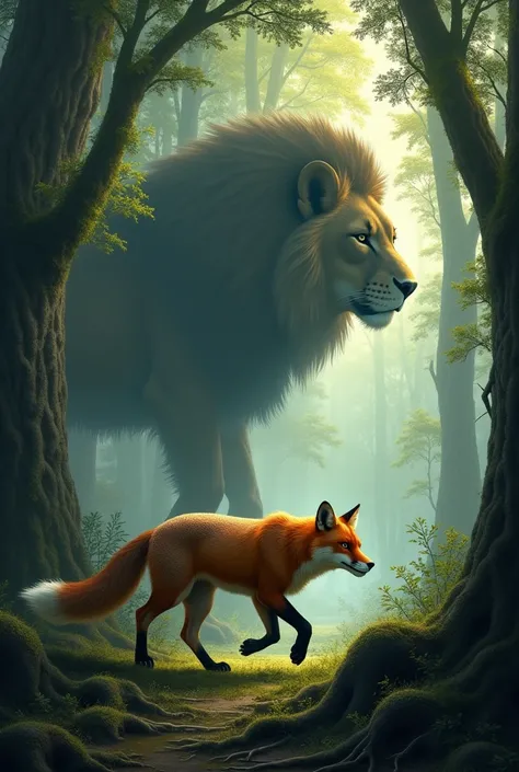  The fox walking stealthily in the woods, with the lions shadow among the trees .