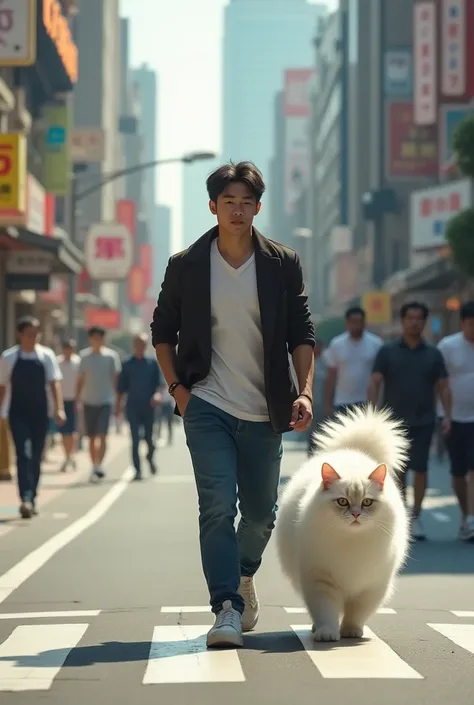 A handsome Asian man walking briskly with a cute white ragdoll cat is very tall once a size larger than usual is walking down the street