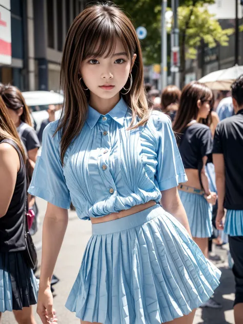 Product quality, 1 girl, Cowboy Shot ,Front View,  young and sexy Japanese girl  ,20 years old,(well-proportion:1.3),Harajuku,( crowded streets :1.4),((Light Blue Fashionable Pleated Shirt :1.5)),wear,Fashionable Bags, fashion necklace ,Stylish Earrings,((...