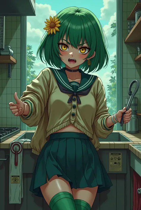  High Quality , detailed 1 girl,  moss green hair ,  brown eyes, very short hair ,  school uniform,  skirt,  ties,  green thigh high socks ,  cardigan , ,  rubber suit ,  muscular,  thick eyebrows, Erupt, flat chest, oen mouth,  blunt cut ,  eyebrows like ...