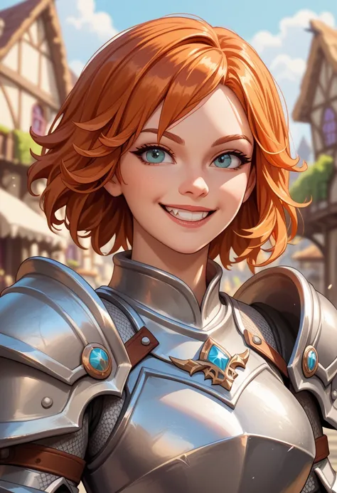 Solo female, human, paladin, ginger hair, short hair, medium armor, silver armor, zweihander, fantasy, village, masterpiece, highest quality, upper-body, grin, single fang, small smile 