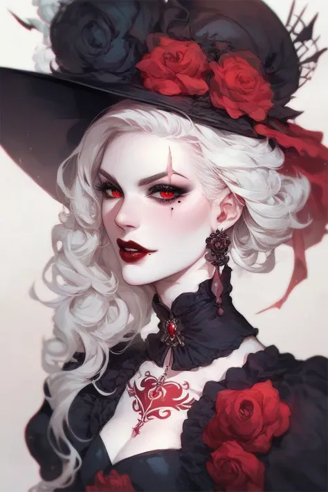 very pale Woman. white skin. White hair. red eyes. dark red lips. mad and confident look. victorian gothic style. scar on her eye. beauty mark. tattooes. vampire. sharp features. long black hat. scars.