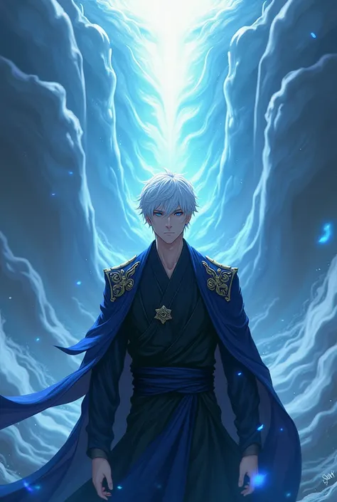 novel cover, like a painting, majestic, anime like, beautiful, male, short white hair, blue eyes, background, ascending, martial arts, divine, divine ascension, black clothes, thuggish look, cultivating