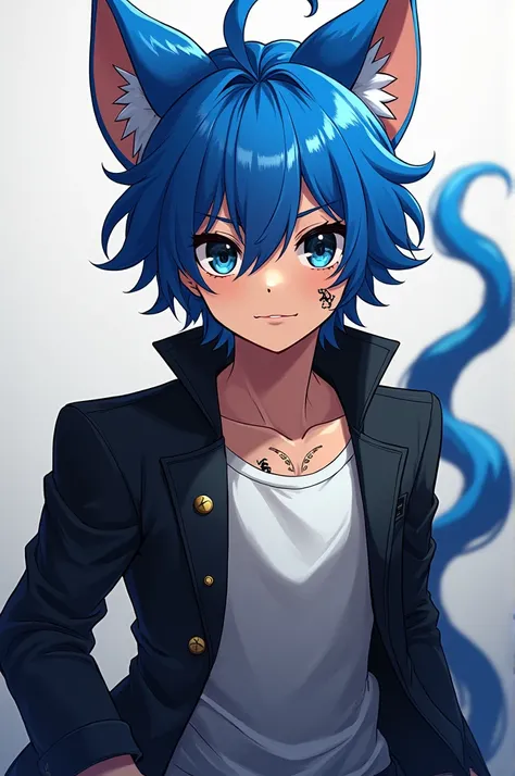 ** character : anime boy**
- **hair:** bright blue hair,  with a standout hairstyle
-  **fur:** Tan brown ,  that contrasts well with the blue hair .
- ** Scars:**  Visible scars on the face ,  especially close to each other ,  giving it an air of mystery ...