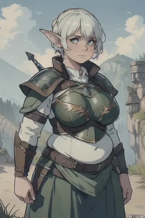 (Best quality), (high resolution), (detailed), ((realistic)), 1woman, ((chubby pixie)), ((pixie)), mythical, high fantasy, ((Witcher artstyle)), small skirt, ((breastplate:1.3)), leaf hat, 