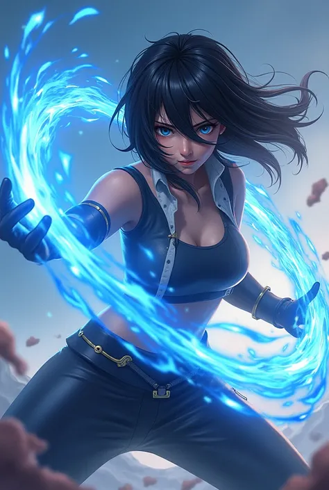 Overpower protagonist with black hair and blue and white moves in 2D