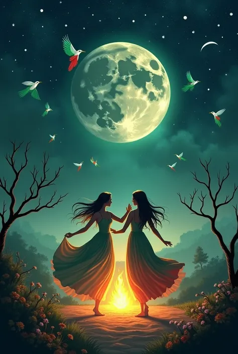 Couples to my wives dancing around a fire: the full starry moon, the starry full moon, birds in green, white, red and the Algerian flag, in the color green, white, and white, waxing Moon, Crescent Moon, Star, 5 red branches.