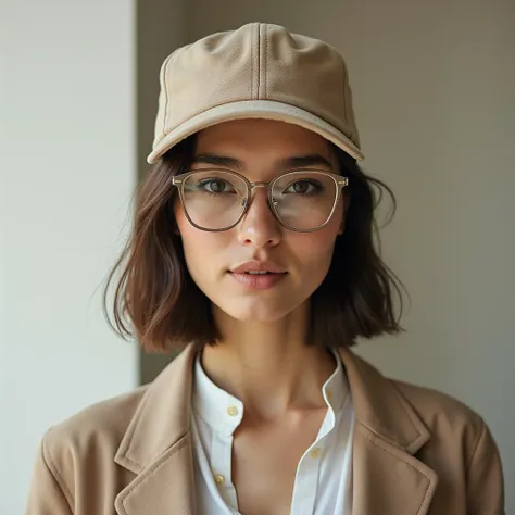 The model wears glass glasses with a beige cap 