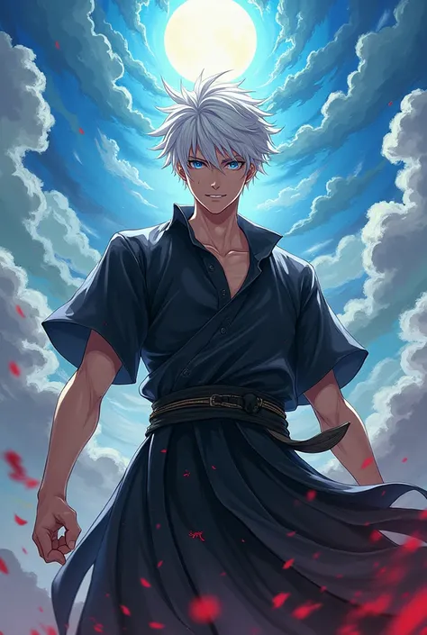 novel cover, like a painting, majestic, anime like, beautiful, male, short white hair, blue eyes, background, ascending, martial arts, divine, divine ascension, black clothes, thuggish look, cultivating, killing somebody, blood