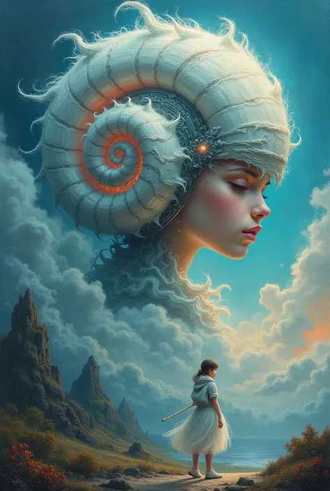 "Painterly depiction of an alien girl, her helmet exuding an otherworldly glow, a mystical nautilus sea creature companion, and dreamy clouds, a masterpiece of the fantastical." 