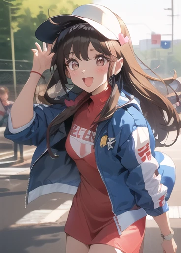 Asusdol,  1 girl, Alone,  visor cap, heart,   hair ornament ,  jacket,  dress, retro artスタイル,  open mouth,looking at viewer, smile,  outdoor, null,  Cowboy Shot ,  clevis cut out,  race queen 