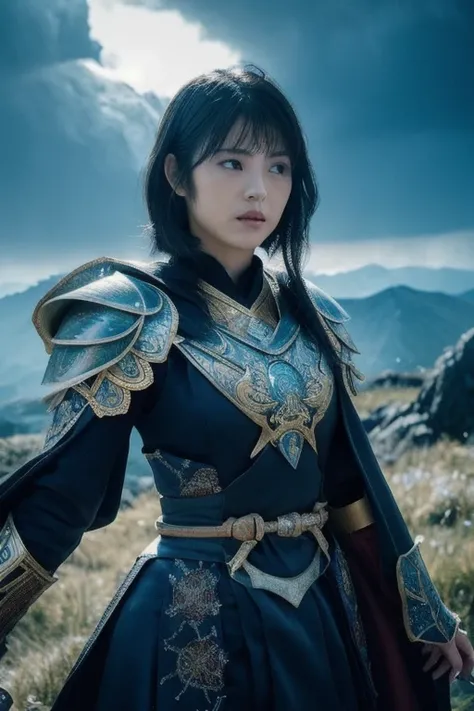 A Japanese actress portraying a magical knight in a fantastical setting. She wears ornate armor with glowing runes and a flowing cape, holding a shining sword in one hand while casting a powerful spell with the other. Bright magical energy swirls around he...