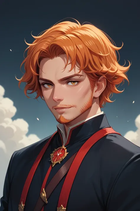 man, portrait, vampire hunter,  strong, beautiful, adult face, short beard, orange hair, short hair, curly hair, black uniform