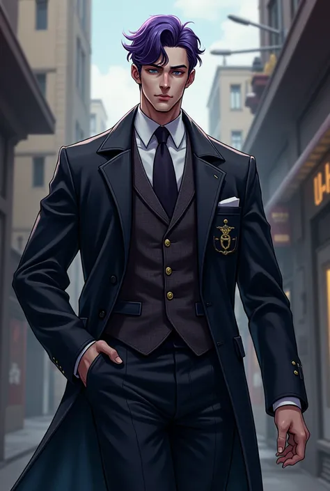 He is friends with a mobster, he is a secretary, he has dark purple hair. . Hes tall and hes an alpha who wears a mafioso costume that looks like a white-skinned BL anime 