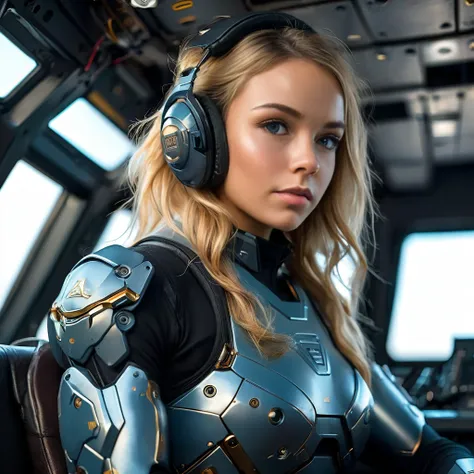 Highly detailed photo of a Women, SF soldier, 30yo, (Mech warrior of women mercenary, (body armor)), sitting like a queen, Stately and dignified, Very dissatisfied look, (headset, Powerful and beautiful eyes, (female bodybuilders body), 8K Ultra HD, Origin...