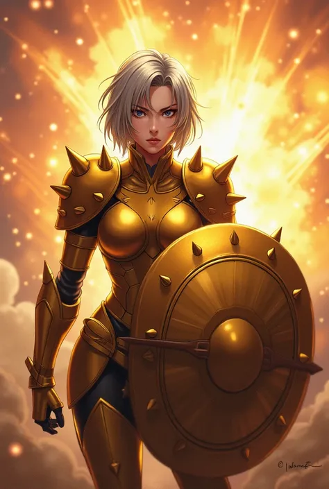  anime woman in the middle of a battlefield ,  covered with her shining heavy, golden armor with thorns that reflect the explosions around her.  Her colossal shield is in front of her ,  blocking a burst of energy ,  while her face shows a mixture of conce...