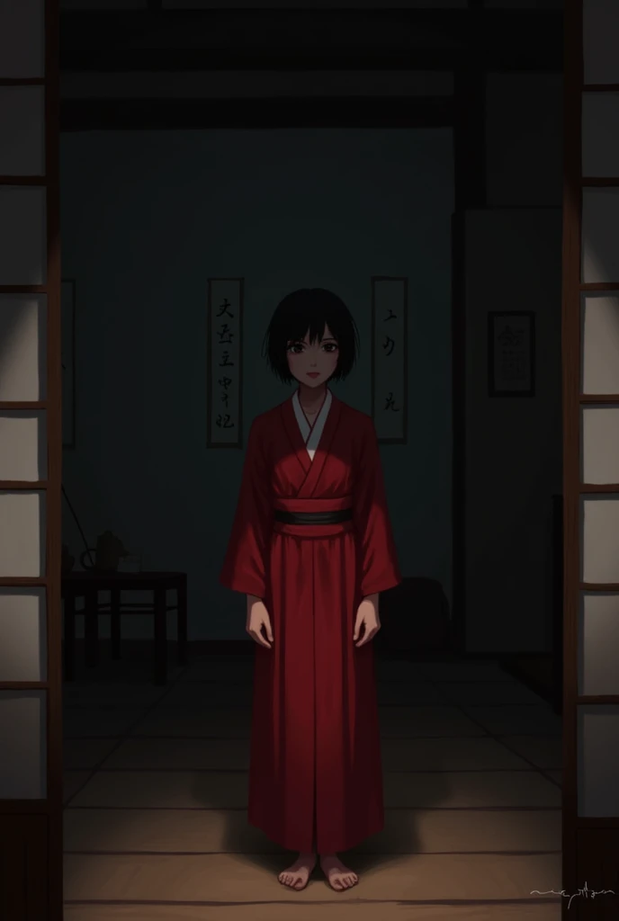 Dark Japanese-style room,  girl, Japanese red clothes